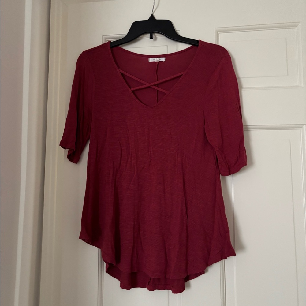 Maurices Deep Red V-Neck Top with Crisscross Detail